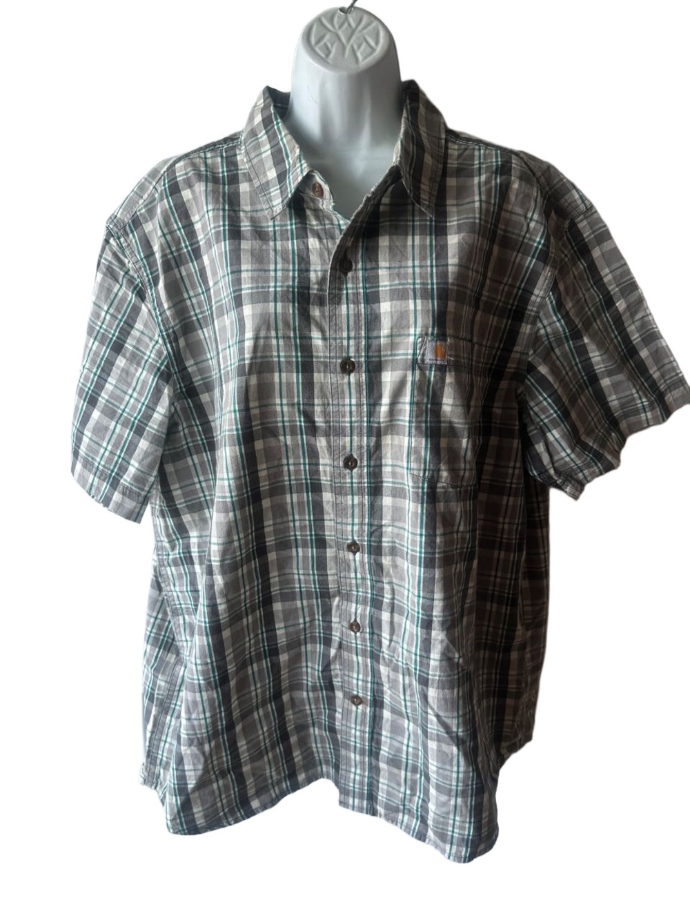 Carhartt Gray Green Plaid Short Sleeve Button Up Shirt Relaxed Fit XL